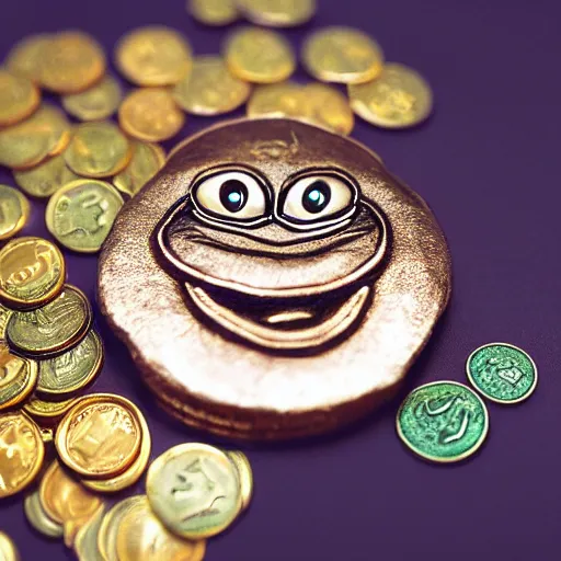 Image similar to super rich happy pepe, coins, gold, crystals, greg rutkowski