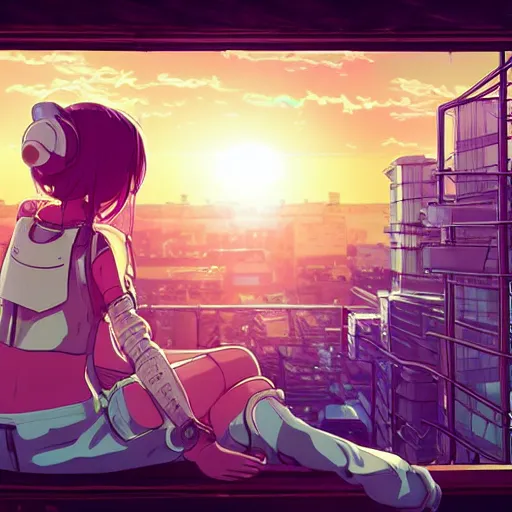 Prompt: android mechanical cyborg anime girl child overlooking overcrowded urban dystopia relaxing on an AC. long flowing soft hair. scaffolding. pastel pink clouds baby blue sky. gigantic future city. raining. makoto shinkai. wide angle. distant shot. purple sunset. perfectly circular sun. sunset ocean reflection.