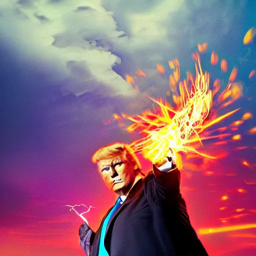 Image similar to obese donald trump casting fireballs, colorful hd picure, lightning in the background