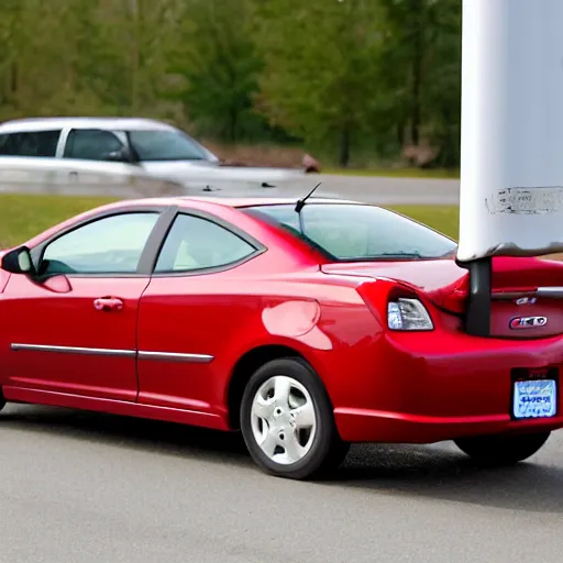 Image similar to 2007 red Chevy cobalt stuck atop a light post