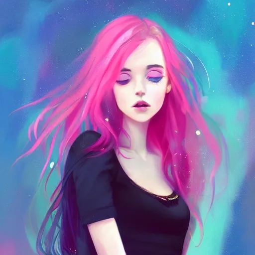 Image similar to colorful and festive captivating teenager girl with pink hair, cyan top crop, black skirt, black leggings, cute look. rich vivid colors, ambient lighting, dynamic lighting, 4 k, atmospheric lighting, painted, intricate, highly detailed by charlie bowater