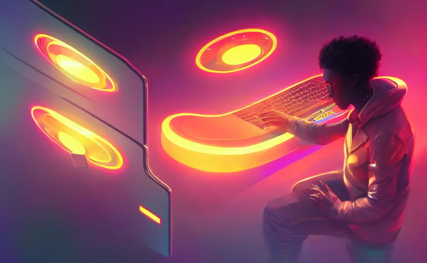 Image similar to handsome black genius hacking the metaverse, holographic keyboard and curved digital holographic displays, luxury interior, electric orange glowing lights, highly detailed, digital painting, artstation, concept art, smooth, sharp focus, illustration, art by wlop, mars ravelo and greg rutkowski