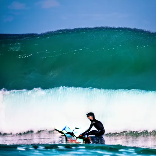 Prompt: photography of a young man surfing a hokusai wave