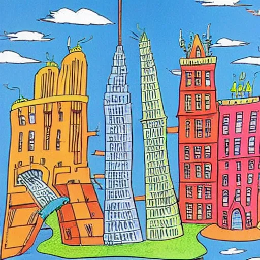 Image similar to city by dr seuss, with towers, bridges, stairs