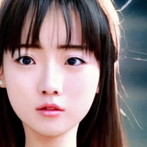 Image similar to 1990s, perfect, dynamic, epic, cinematic 8K HD movie shot of semi-close-up japanese beautiful cute young J-Pop idol actress girl face, she express joy and posing. By a Chinese movie director. Motion, VFX, Inspirational arthouse, high budget, hollywood style, at Behance, at Netflix, with Instagram filters, Photoshop, Adobe Lightroom, Adobe After Effects, taken with polaroid kodak portra