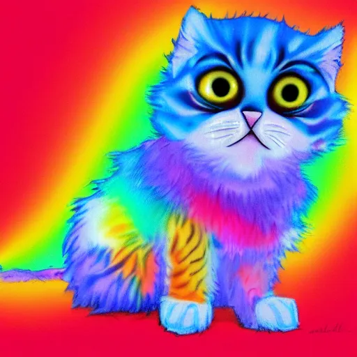 Image similar to wide angle full body, of a fluffy cute rainbow kitten wearing a black motorcycle jacket, concept art