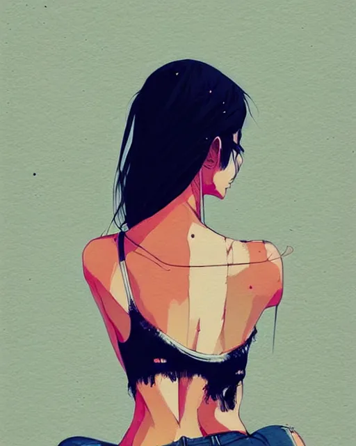 Image similar to a ultradetailed beautiful back painting of a stylish woman, she is wearing a black tank top and jeans, by conrad roset, greg rutkowski and makoto shinkai trending on artstation