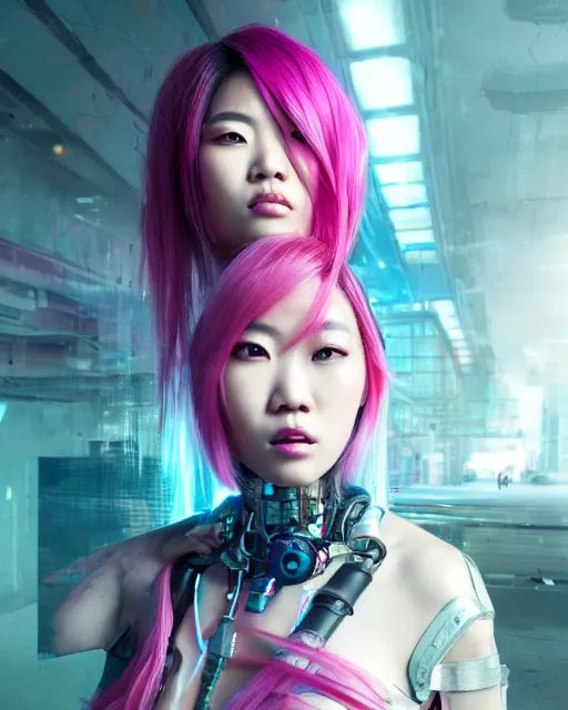 Prompt: portrait of a beautiful asian woman with pink hair as a cyberpunk cyborg half robot, sci - fi, missing panels, intricate abstract upper body intricate artwork, concept art, octane render, deviantart, cinematic, key art, hyperrealism, iridescent accents, portrait photograph, nikon 3 5 mm, photograph by greg rutkowski