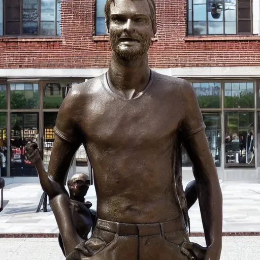 Image similar to a photo of a bronze statue of jeffrey dahmer in the middle of a busy town square,