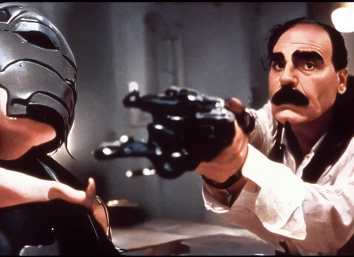 Prompt: scene from the 1 9 9 0 science fiction murder mystery film poirot vs predator