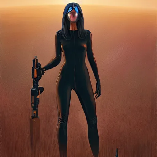 Image similar to pleiadian woman with big eyes and long silver hair wearing a dark body suit and holding a plasma gun standing in barren fields, sci fi portrait art by greg rutkowski