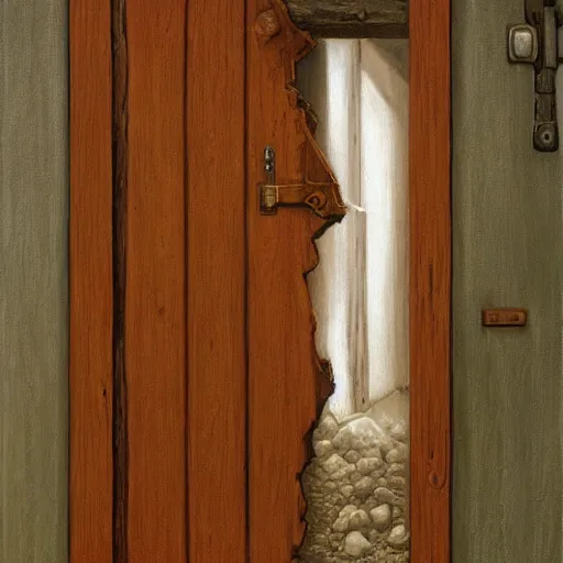 Image similar to a wooden door broken in half with an axe, by Gerald Brom, realistic, detailed, trending on art station