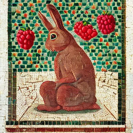 Image similar to a rabbit eating raspberries in the style of ancient mosaic