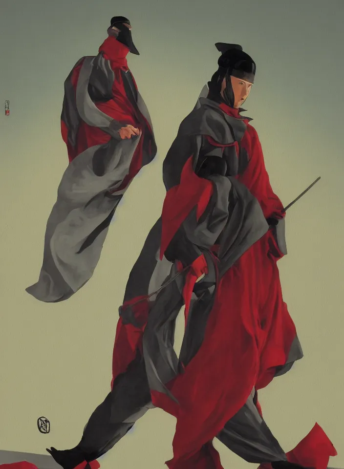 Image similar to sfumato renaissance oil painting of a ninja shaman, modern minimal isei miyake outfit, in the style of syd mead, jeremy cowart, concept art