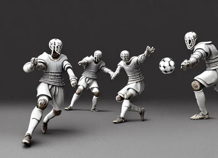 Prompt: knights in armor playing soccer ball - scull, rome, highly detailed, soft lighting, elegant, works by edward hopper, james gillard, zdislaw beksinski, stephen outram, andreas m wiese, highly detailed art by takato yamamoto, masterpiece. rendered in blender, ultra realistic, smooth shading, ultra detailed, high resolution, cinematic, unreal 6