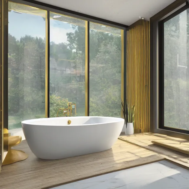 Image similar to post and beam bathroom interior, bathtub with golden faucet, wood cabinets, marble floor, large window in back with fall foliage river view, large potted plant, realistic, unreal engine render, octane render, hyper realistic, photo, 8 k