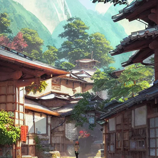 Prompt: concept art painting of a cozy village in a mountainous forested valley, historic english and japanese architecture, realistic, detailed, cel shaded, in the style of makoto shinkai and greg rutkowski and james gurney