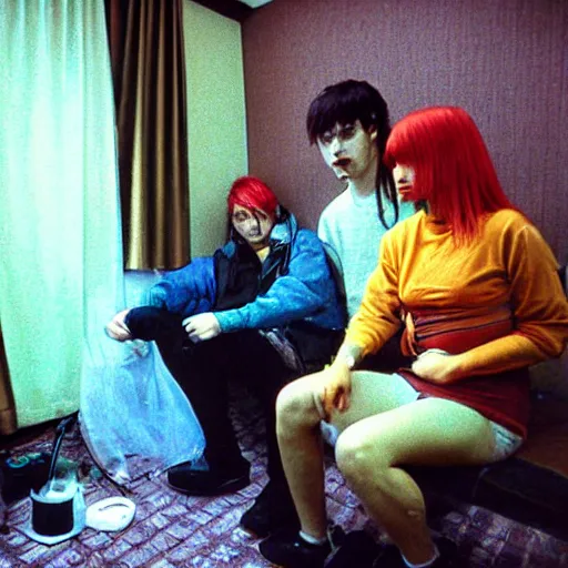Prompt: a group of cyberpunk people hanging out in a dirty hotel room, 1990s photograph