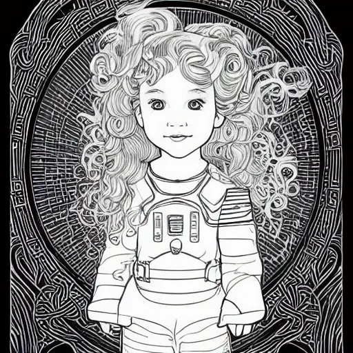 Image similar to clean simple line art of a cute little girl with short wavy curly hair. she is dressed as an astronaut. no background. well composed, clean coloring book page, beautiful detailed face. coloring book line art by artgerm and greg rutkowski and johanna basford and alphonse mucha
