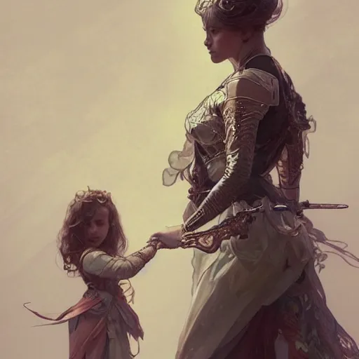 Prompt: a full body portrait of a beautiful girl warrior and her daughter, intricate, elegant, highly detailed, digital painting, artstation, concept art, smooth, sharp focus, illustration, art by krenz cushart and artem demura and alphonse mucha