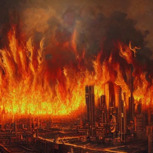 Prompt: a perfect, realistic professional oil painting in classicism style, of the city of London burning with high flames, close-up, by a really great American senior artist on ArtStation, a high-quality Hollywood-style concept, post-apocalyptic, scary, dark