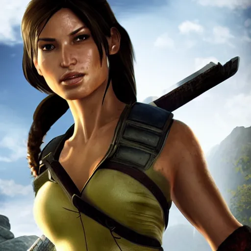Image similar to Lara croft as samurai:: photorealistic::1 direct sunlight::1