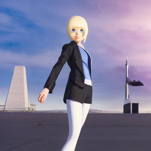 Prompt: aristocratic platinum - blonde - haired bob cut blue - eyed princess wearing white leggings and black jacket, standing next to communist monument, anime, hd anime wallpaper, hyperrealistic lighting, octane render, drawn by artgerm