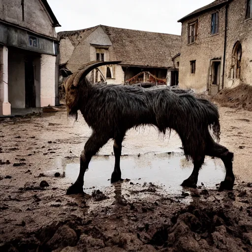 Prompt: horror, moody, still from film, daytime, muddy village square, wide shot, huge, roaring mutant goat monster, powerful, stumpy legs have human hands instead of hoofs, filthy jagged teeth in gaping mouth, matted dirty fur, in muddy medieval village square