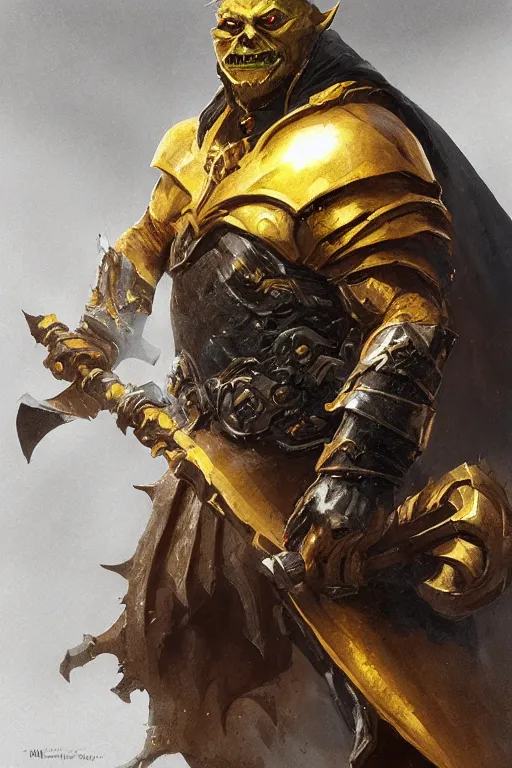 Prompt: orc in golden armour and black cape with hood, d & d, fantasy, portrait, highly detailed, headshot, digital painting, trending on artstation, concept art, sharp focus, illustration, art by artgerm and greg rutkowski and magali villeneuve