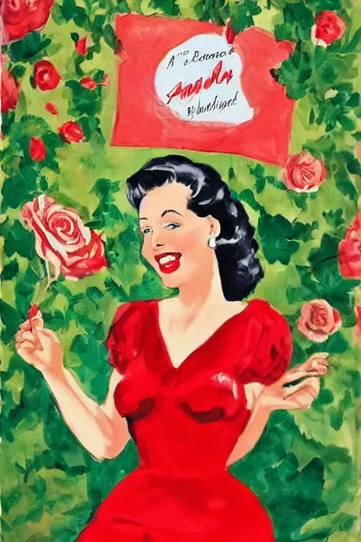 Image similar to a portrait of a beautifull woman, wearing a red dress,with a beautifull smile,a garden background.in american style pin up.anatomically correct