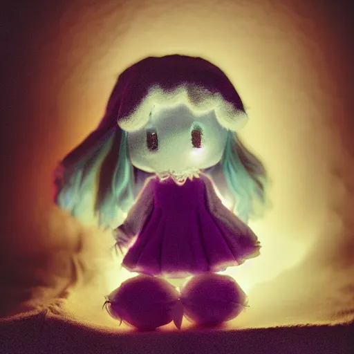 Image similar to cute fumo plush wraith girl lit by a flashlight, grainy found footage, trail cam footage, bokeh f / 2. 5, vray