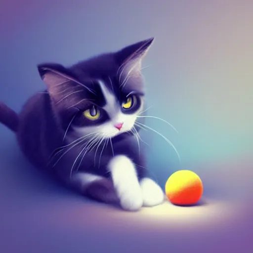 Image similar to a cute calico cat playing with a ball of yarn, artstation, cgsociety, storybook art