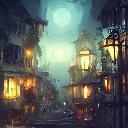 Image similar to this place is truly beautiful and the atmosphere is buzzing the town lights are glowing particularly brightly tonight, trending on artstation,