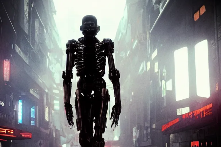 Image similar to cyberpunk skeletal black mecha android walking down hallway, Skeletal face single eye. long limbs black shiny. glowing_red_eye RTX UE5 Artstation Bladerunner_2049_scene!!!!!! Cyberpunk 2077 bladerunner2049!!! bladerunner!!! Dark figure walking down white hallway slightly offset fancy hallway. reflective floor!!!!! Tom Bagshaw and Greg Rutkowski and Alphonse Mucha