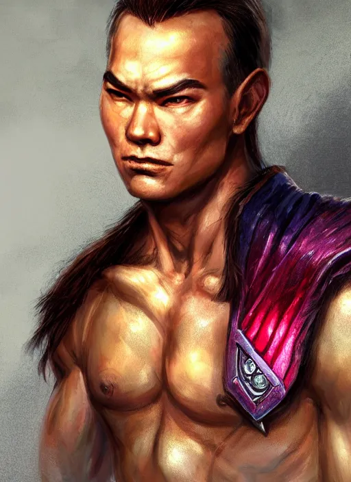 Prompt: muscly asian man middle parted hair, dndbeyond, bright, colourful, realistic, dnd character portrait, full body, pathfinder, pinterest, art by ralph horsley, dnd, rpg, lotr game design fanart by concept art, behance hd, artstation, deviantart, hdr render in unreal engine 5