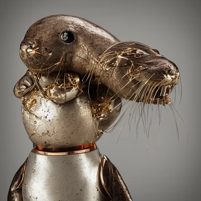 Prompt: hybrid plushy otter, photorealism, white detail plastic biomechanical with gold, copper, bronze, chrome by lee jeffries, erik johansson, supersampled, 8 k, beautify