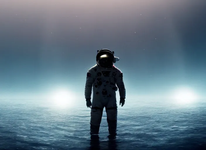 Image similar to astronaut holding a flag in an underwater desert. a submarine is visible in the distance. dark, concept art, cinematic, dramatic, atmospheric, 8 k, trending on artstation, blue, fish, low visibility, fog, ocean floor, christopher nolan, interstellar