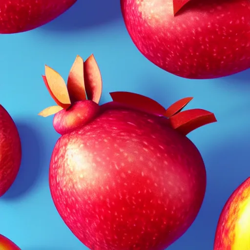 Image similar to fruit character that looks just like michelle obama as a pomegranate, 8 k, fruit eyes, fruit world, beautiful matte painting, by johfra bosschart, hyper realistic, studio lighting, octane render