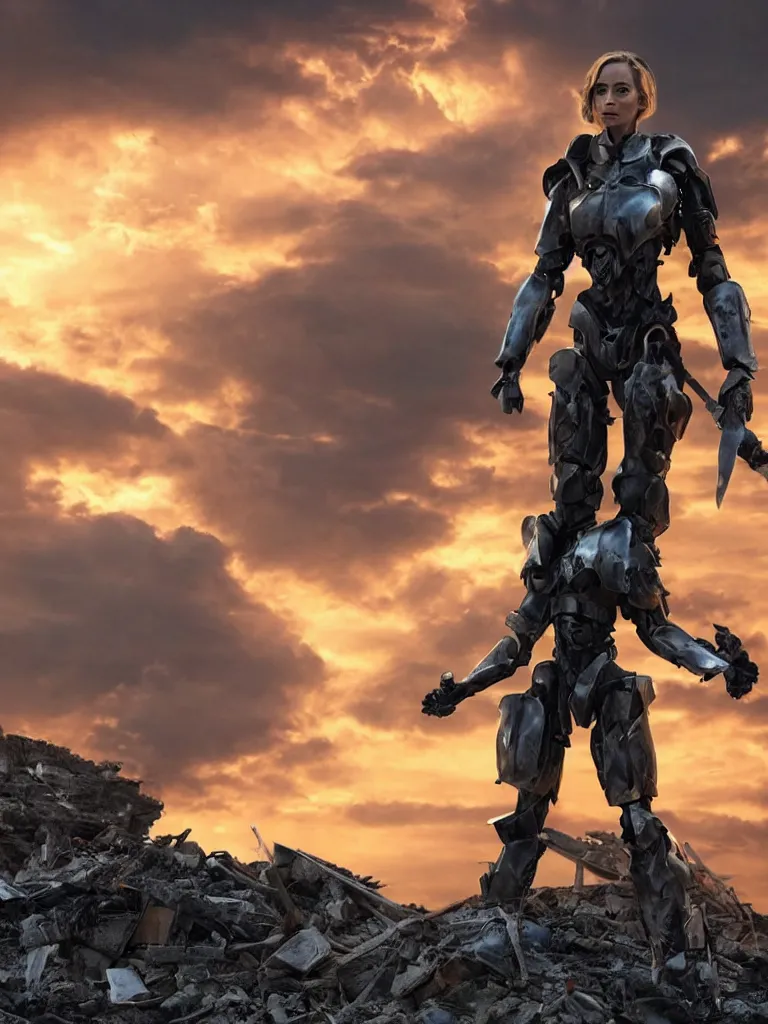 Image similar to emily blunt in futuristic power armor, alone, standing atop a pile of rubble, sword on shoulder, sunset and big clouds backdrop