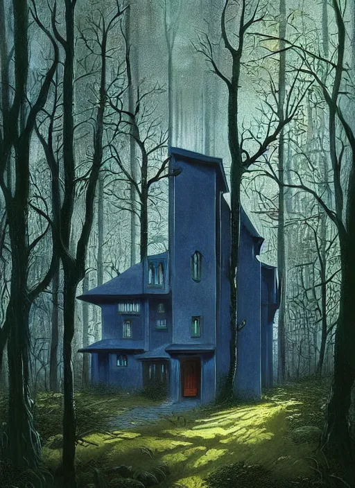 Image similar to hyper realistic witchy modern gothic house with mood lighting and tech in the woods gorgeous lighting, sunbeams blue sky, highly detailed, lush forest foliage painting by zdzisław beksinski and norman rockwell and greg rutkowski weta studio, and lucasfilm