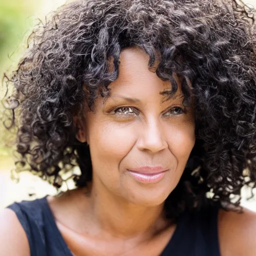 Prompt: a beautiful portrait photo of a 46 year old woman with flowing black curly hair