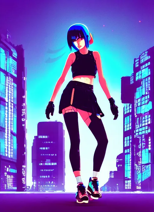 Prompt: digital illustration of cyberpunk pretty girl with blue hair, wearing a crop top and a skirt, wearing nike air mags, full body pose, in city street at night, by makoto shinkai, ilya kuvshinov, lois van baarle, rossdraws, basquiat