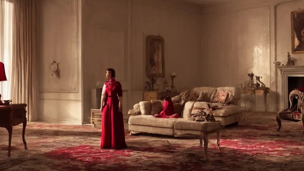 Image similar to a woman made of rubies stands in the living room, film still from the movie directed by Denis Villeneuve with art direction, wide lens, 4K, realistic