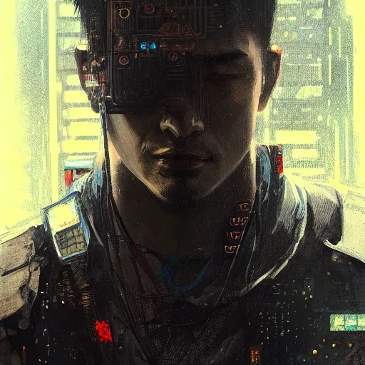 Image similar to a beautiful ukiyo painting of cyberpunk blade runner, wearing japanese techwear, detailed symmetrical close up portrait, intricate complexity, concept art, by ismail inceoglu dragan bibin hans thoma greg rutkowski alexandros pyromallis nekro rene maritte illustrated, perfect face, fine details, realistic shaded, fine - face, pretty face