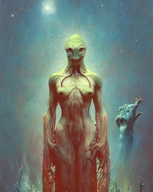 Image similar to the creature at the end of the universe, painted by zdzislaw beksinski and artgerm and greg rutkowski and alphonse mucha