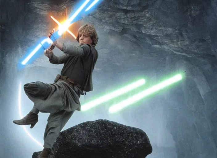 Image similar to epic still of Luke Skywalker using the force to levitate rocks above the ground in the air, ancient temple, from the 1980s film directed by Stanley Kubrick, cinematic lighting, kodak, strange, hyper real, stunning moody cinematography, with anamorphic lenses, crisp, detailed portrait, 4k image