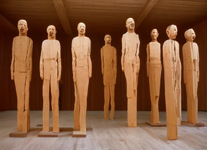 Prompt: realistic photo portrait of the a sculpture of a group portrait of heads made of wood, poorly designed in style of arte povera, fluxus, dadaism, joseph beuys, ugly made, low quality standing in the wooden polished and fancy expensive wooden museum interior room 1 9 9 0, life magazine reportage photo