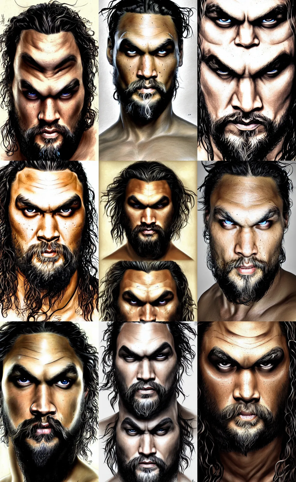 Prompt: jason momoa symmetrical face portrait, close - up, front view, bald, hairless, glabrous, intricate, sharp focus, aleksi briclot, mucha