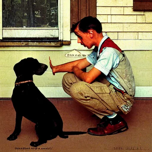 Prompt: A sad boy his hands at his face looking to a dog, artwork by Norman Rockwell, cinematic view, high quality