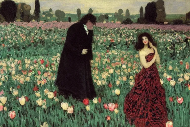 Image similar to hagrid and morticia addams kiss in a field of tulips, masterpiece, highly detailed, oil on canvas, art by walter sickert, john singer sargent, and william open